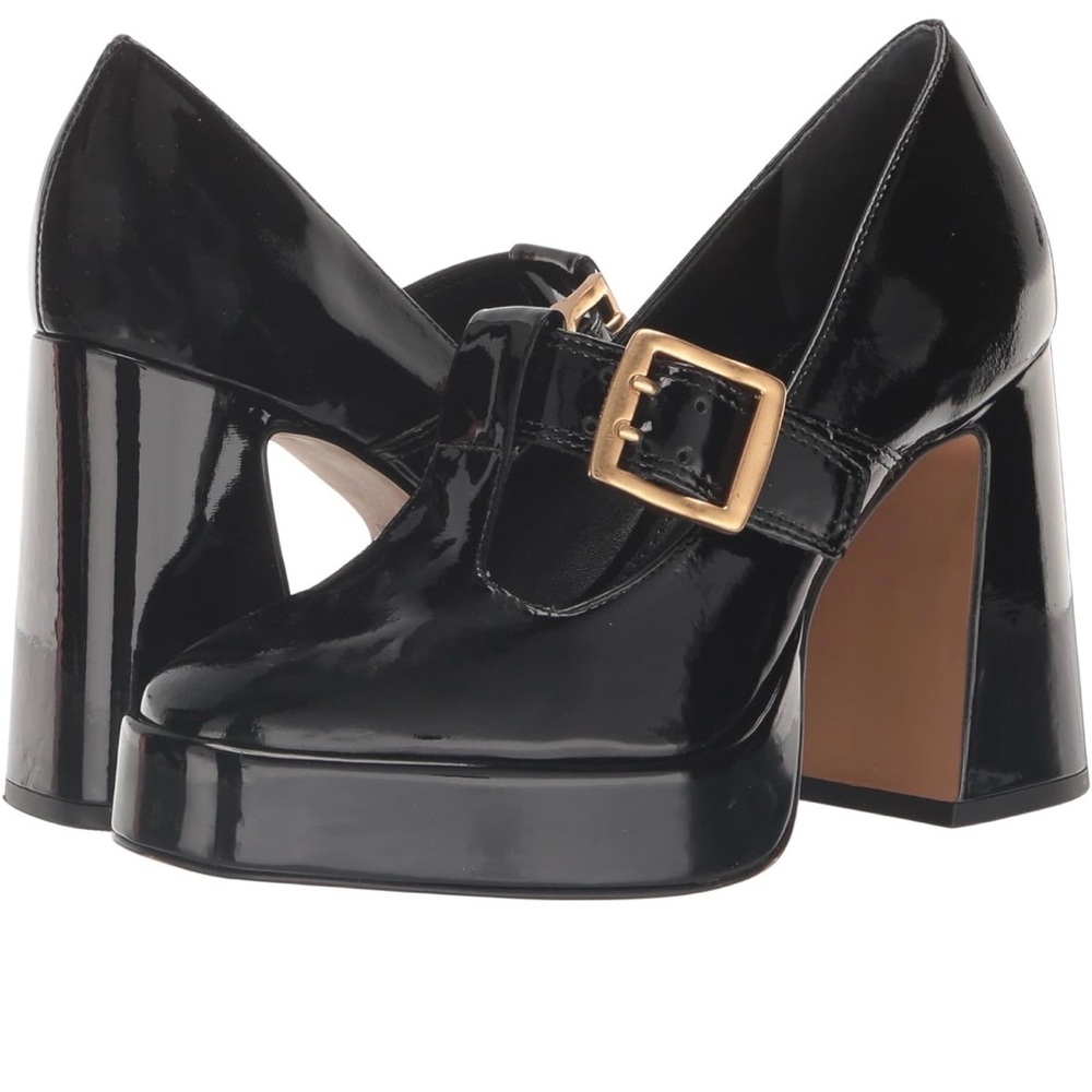 Vince Camuto Black Patent Platform Mary Jane Heels with Gold Buckle